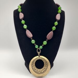 SAQ Signed Brass Tone Statement Necklace Green Mauve Beads Boho Pendant